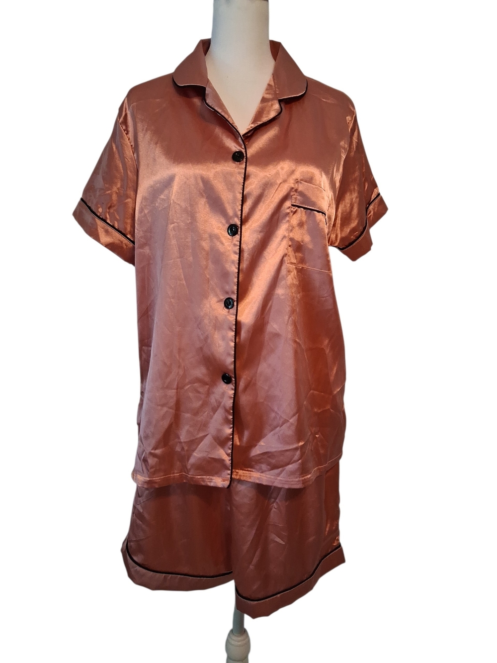 Satin Silky Short Sleeve Pajama Shorts Set Rose Pink L